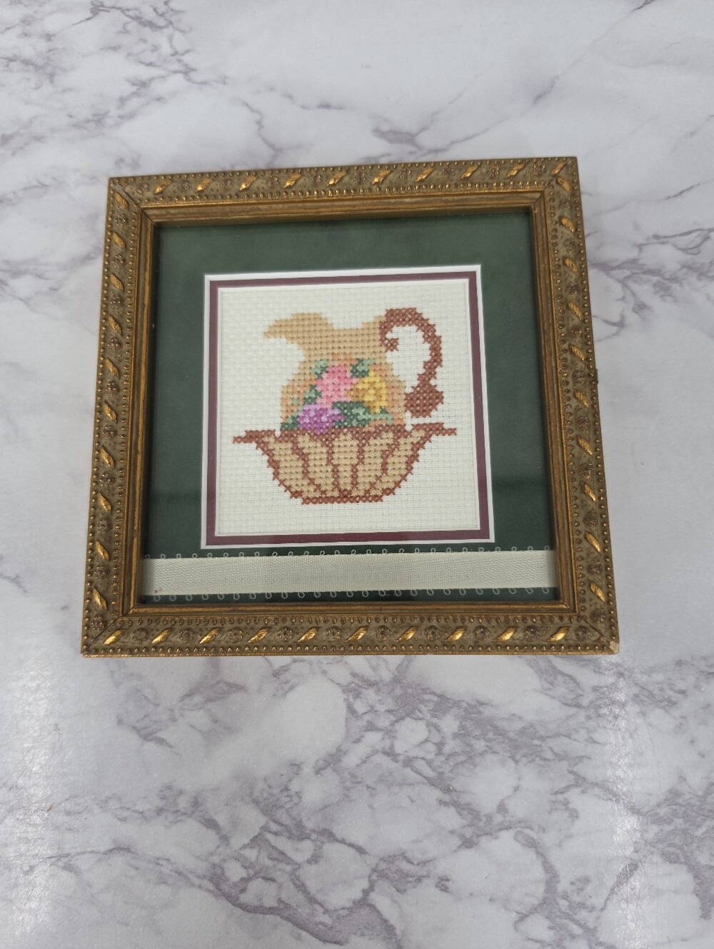 Vintage Framed Cross Stitch of Pitcher and Bowl Wash Set Washstand Basin